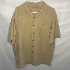 Caribbean Men Large Beige Hawaiian Camp Shirt Peach Floral Palm Leaf Textured